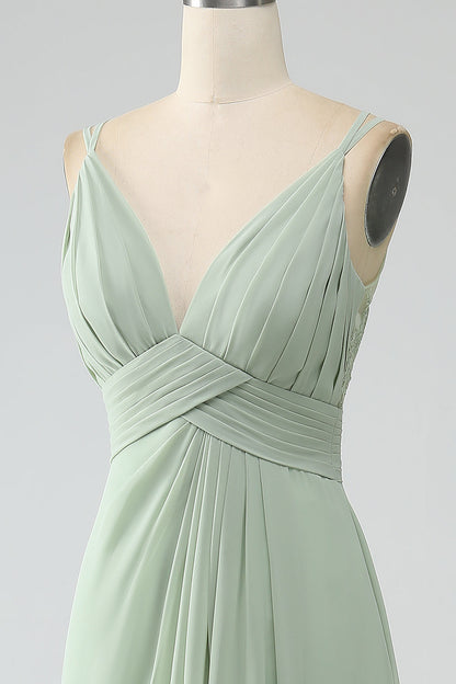 Dusty Sage A-Line Spaghetti Straps Pleated Chiffon Long Bridesmaid Dress