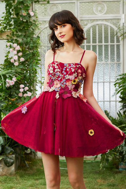 Burgundy A Line Spaghetti Straps Homecoming Dress With 3D Flowers