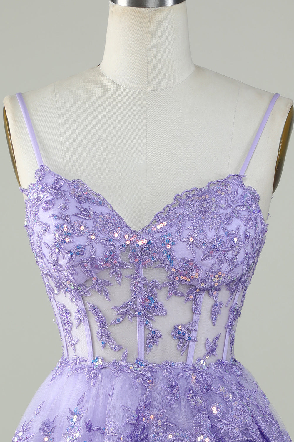 Gorgeous A Line Spaghetti Straps Purple Sparkly Corset Homecoming Dress