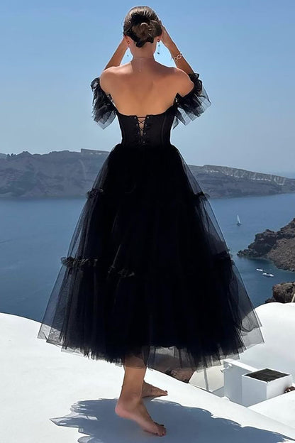 Black A-Line Sweetheart Midi Tulle Cocktail Dress