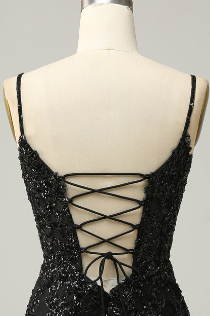 Sparkly Black Corset Sequins Tight Homecoming Dress with Lace