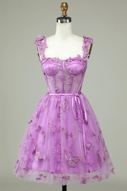 Cute A Line Sweetheart Purple Corset Homecoming Dress with Appliques