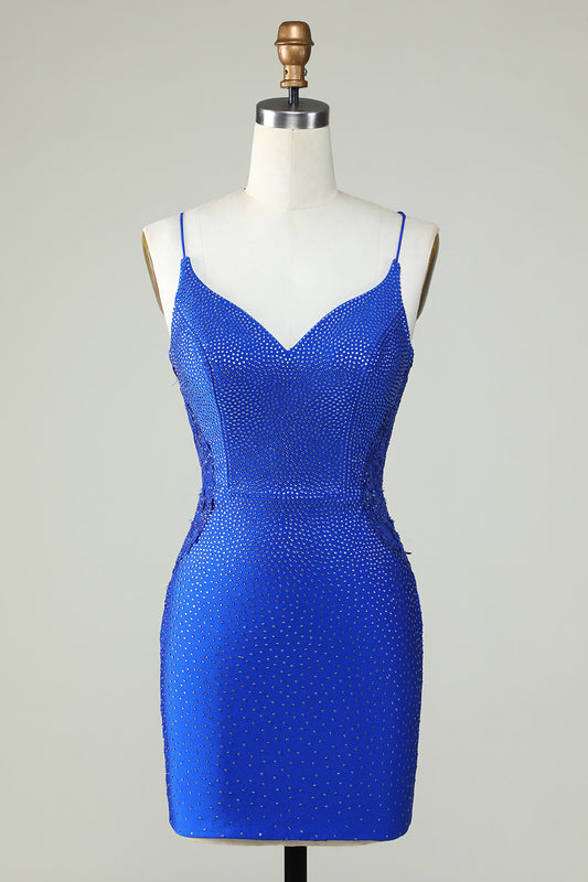 Sheath Spaghetti Straps Royal Blue Short Homecoming Dress with Beading