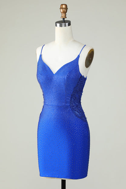 Sheath Spaghetti Straps Royal Blue Short Homecoming Dress with Beading