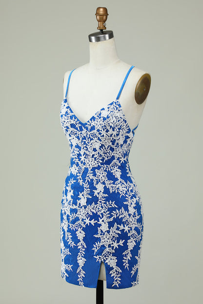 Spaghetti Straps Blue Sheath Homecoming Dress With Appliques