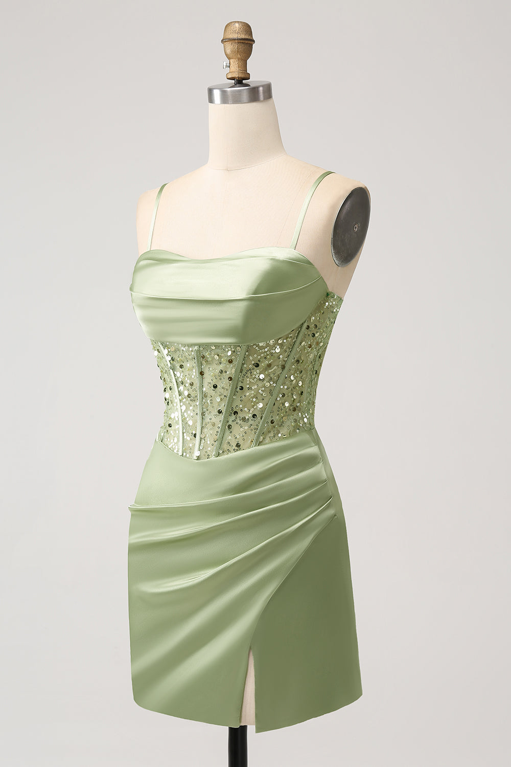 Glitter Sage Green Bodycon Sequin Corset Short Homecoming Dress with Slit