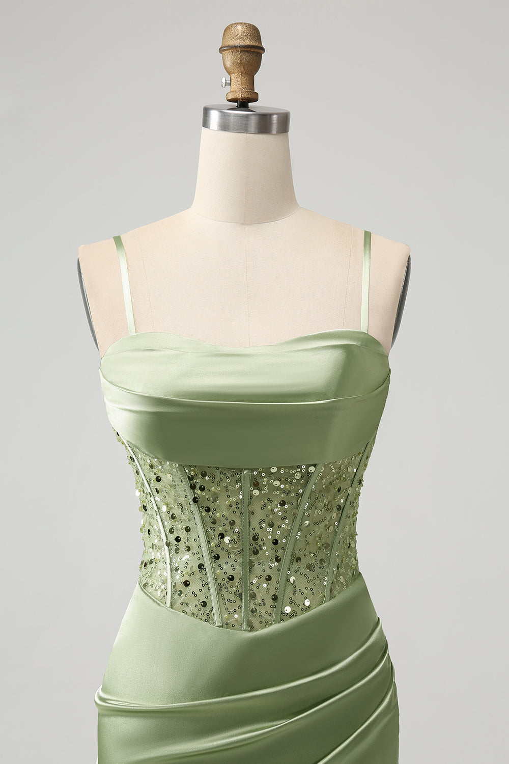 Glitter Sage Green Bodycon Sequin Corset Short Homecoming Dress with Slit