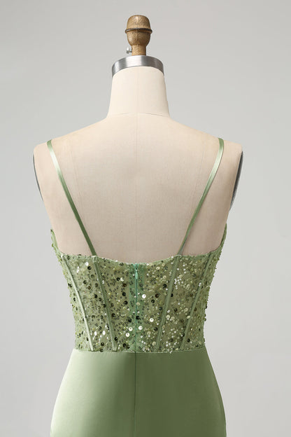 Glitter Sage Green Bodycon Sequin Corset Short Homecoming Dress with Slit