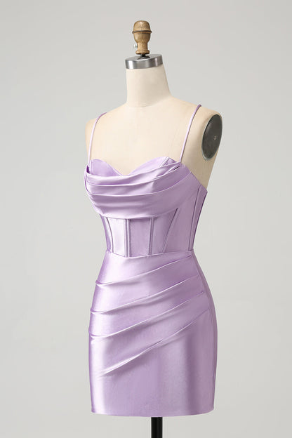 Lilac Bodycon Spaghetti Straps Corset Satin Short Homecoming Dress