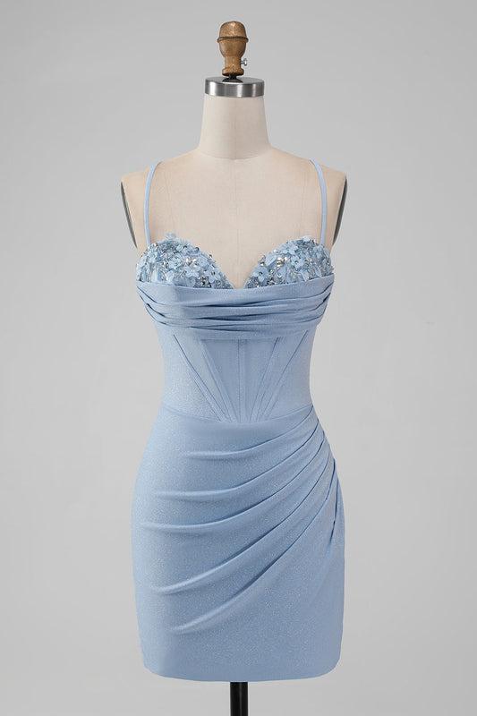 Light Blue Bodycon Corset Spaghetti Straps Short Homecoming Dress