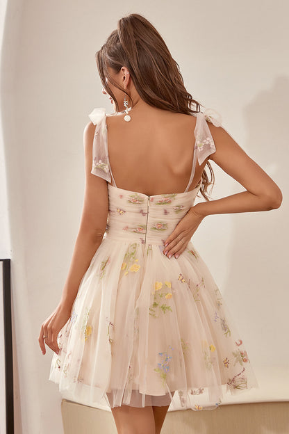 Cute A Line Spaghetti Straps Champagne Homecoming Dress with Embroidery