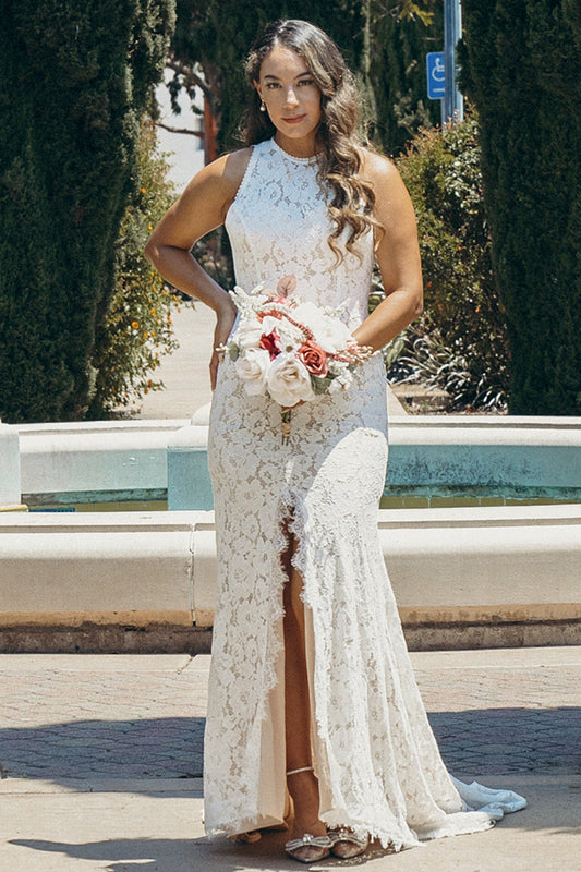 Ivory Open Back Boho Lace Wedding Dress