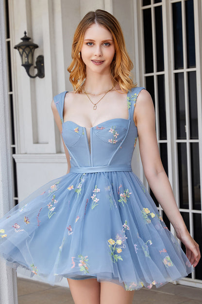 Cute A Line Sweetheart Grey Blue Short Homecoming Dress with Embroidery