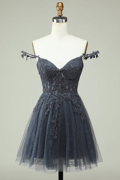 Navy Spaghetti Straps Short Homecoming Dress with Appliques