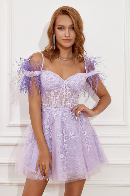 Lavender Off Shoulder Homecoming Dress with Feathers