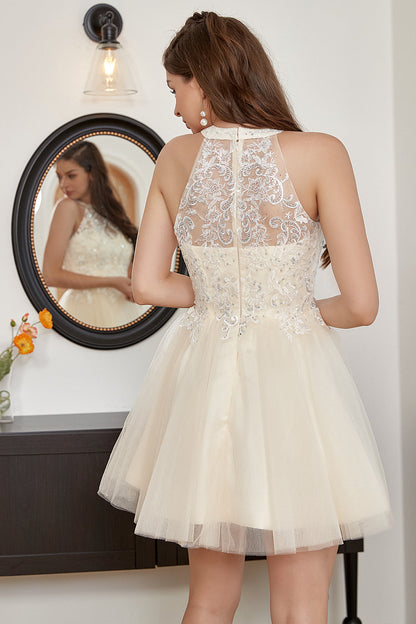 Champagne Beaded Halter Tulle Cute Homecoming Dress