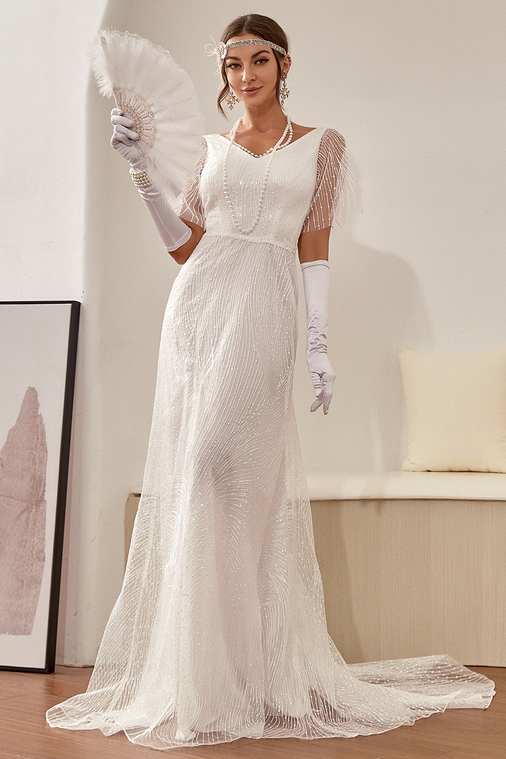 Mermaid White V-Neck Wedding Dress