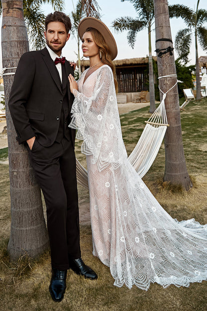 Ivory and Champagne Lace Boho Wedding Dress With Cape