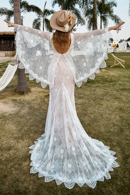 Ivory and Champagne Lace Boho Wedding Dress With Cape