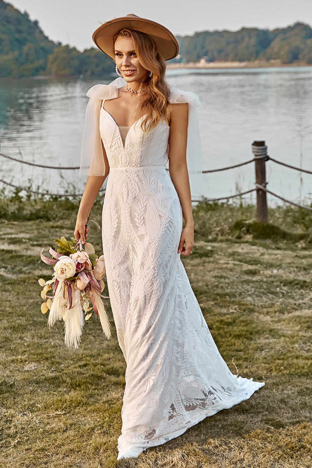 Ivory Mermaid Lace Sweep Train Boho Wedding Dress With Bowknots