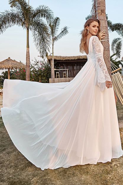 Ivory Lace Chiffon Trumpet Sleeve Boho Wedding Dress