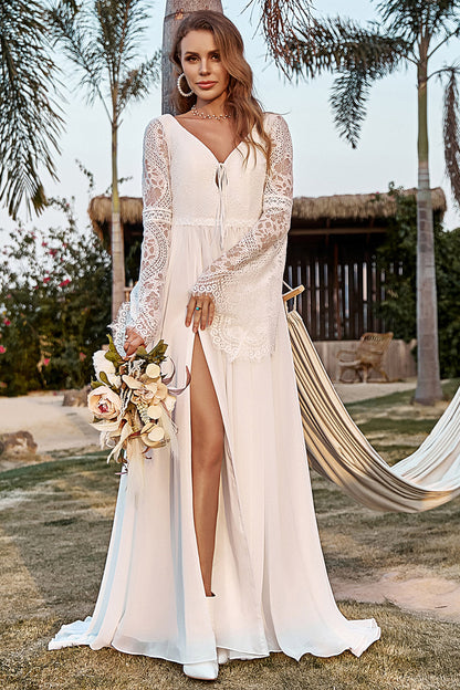 Ivory Lace Chiffon Trumpet Sleeve Boho Wedding Dress