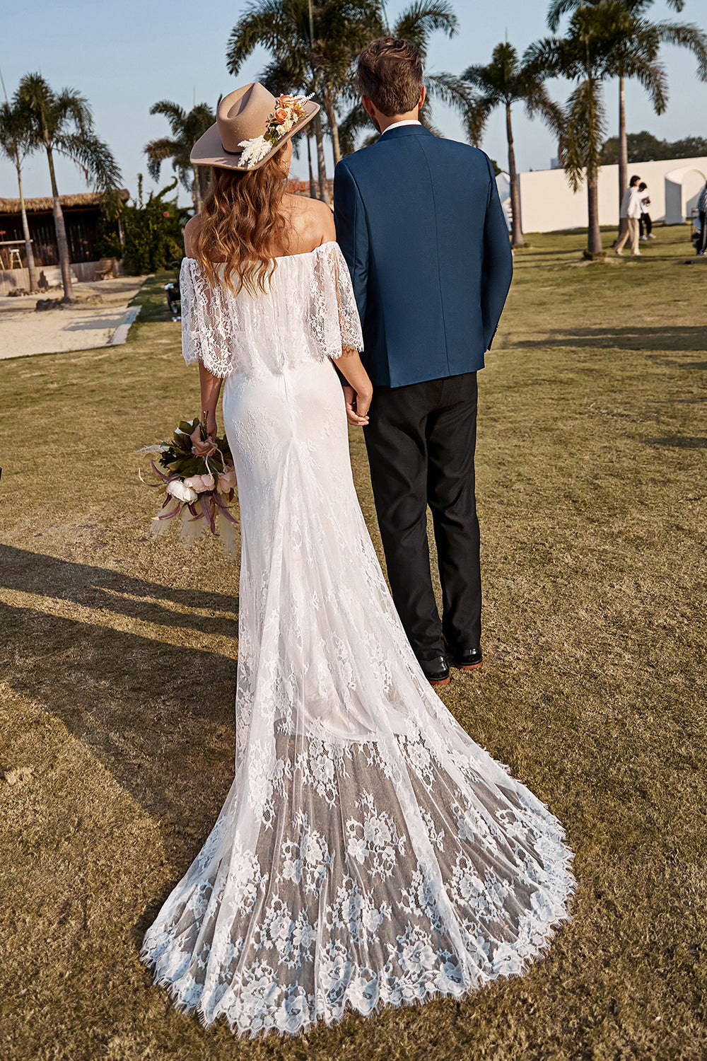 Ivory Mermaid Off The Shoulder Lace Boho Wedding Dress With Sweep Train