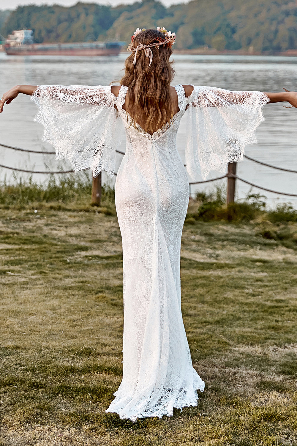 Ivory Lace Cold Shoulder Mermaid Cape Sleeve Boho Wedding Dress