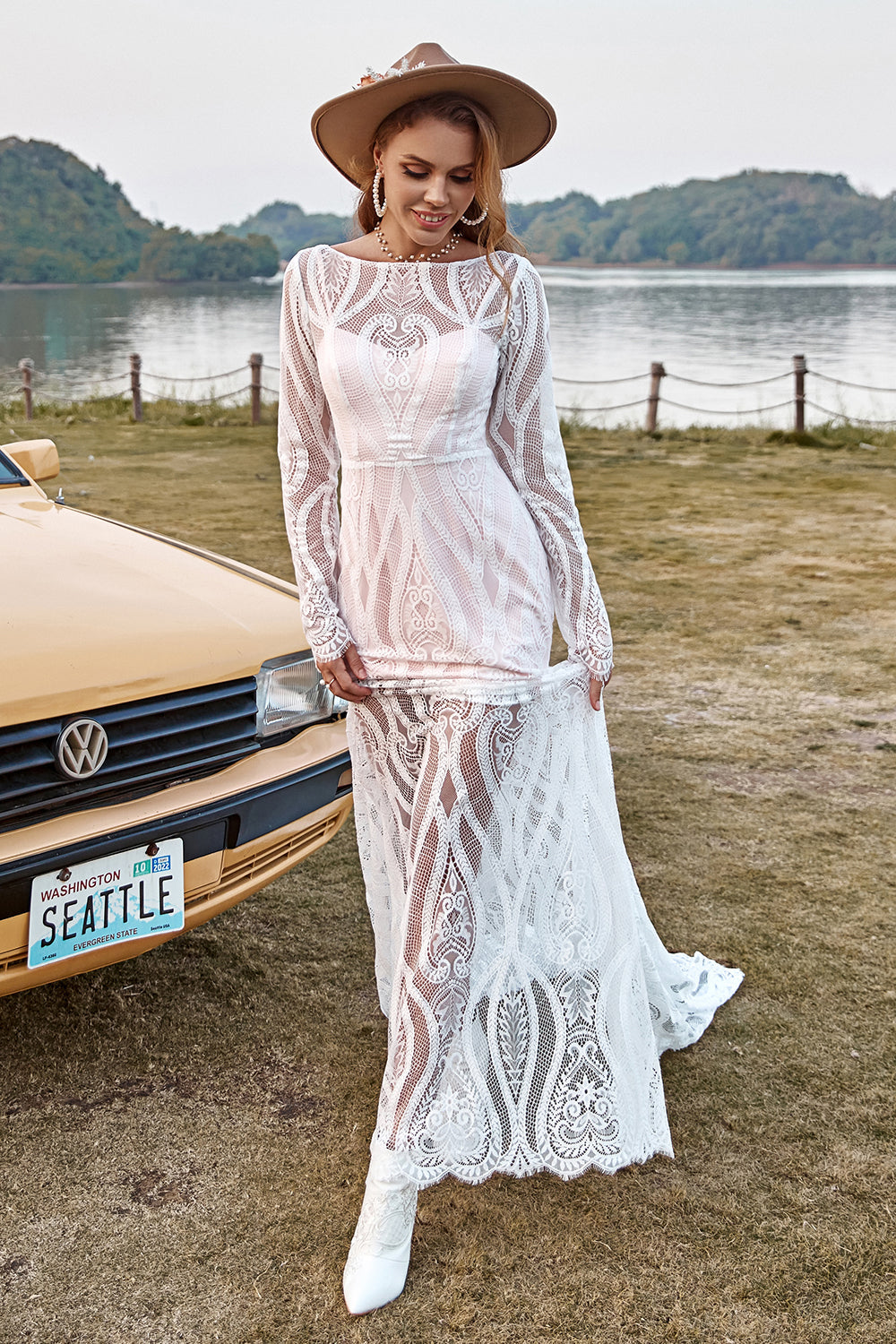 Ivory Mermaid Long Sleeves Lace Boho Wedding Dress With Sweep Train