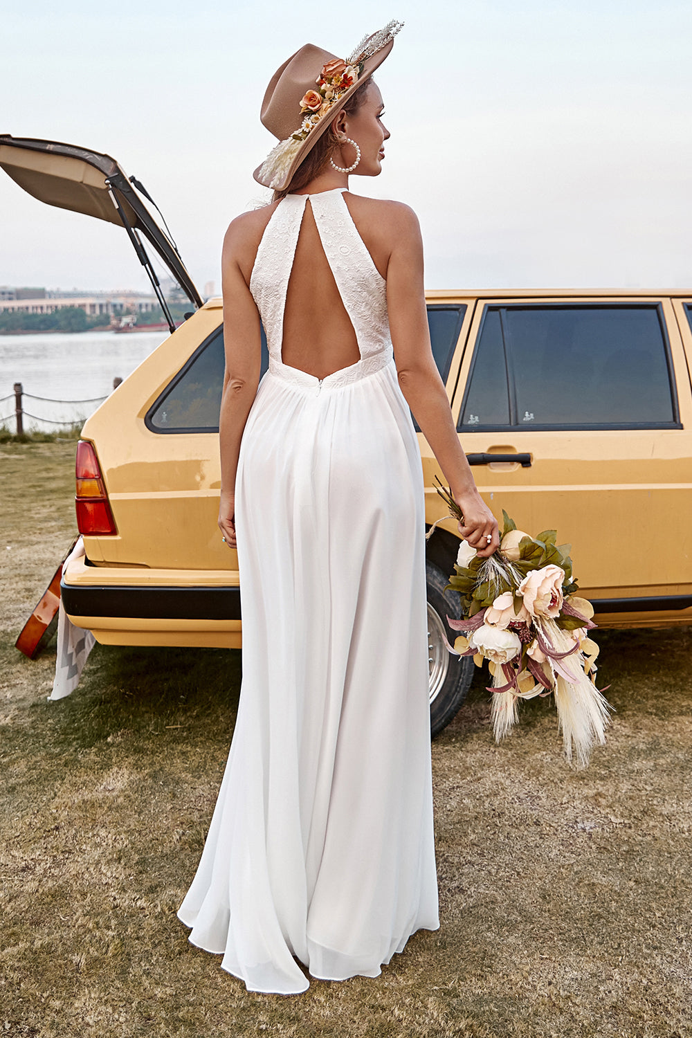 Ivory Lace Chiffon Halter Boho Wedding Dress With Slit