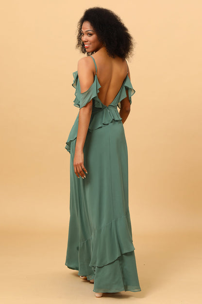 Eucalyptus Spaghetti Straps Long Bridesmaid Dress with Ruffles