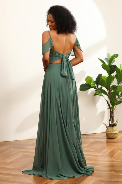 Eucalyptus Ruched Lace-Up Back Long Chiffon Bridesmaid Dress