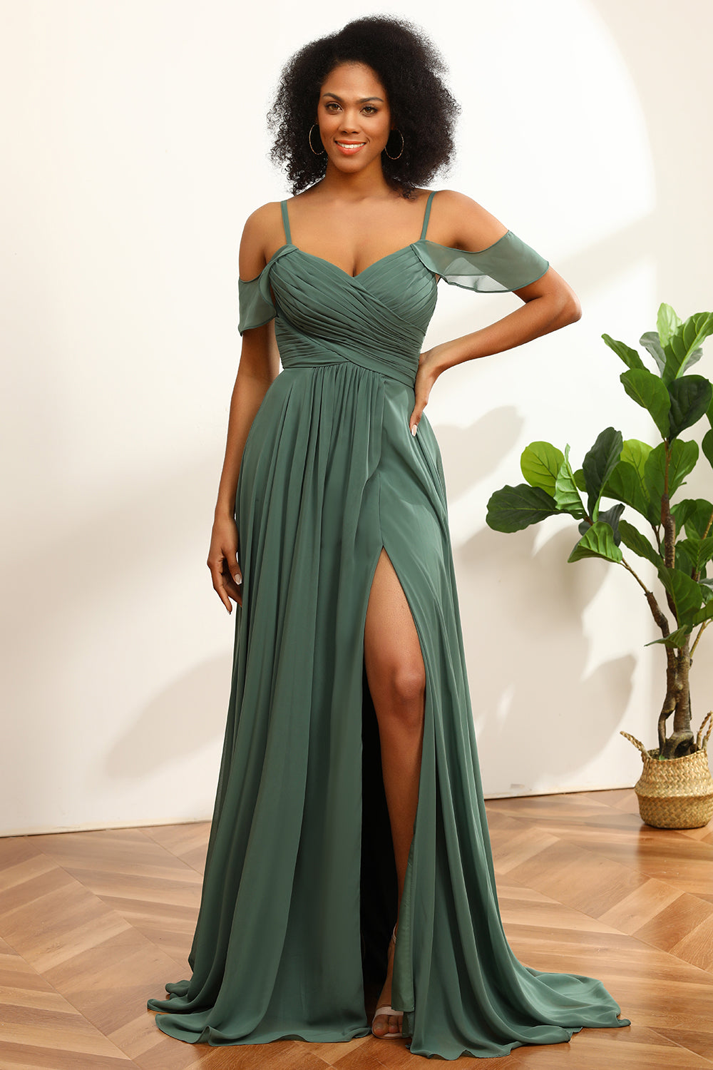 Eucalyptus Ruched Lace-Up Back Long Chiffon Bridesmaid Dress