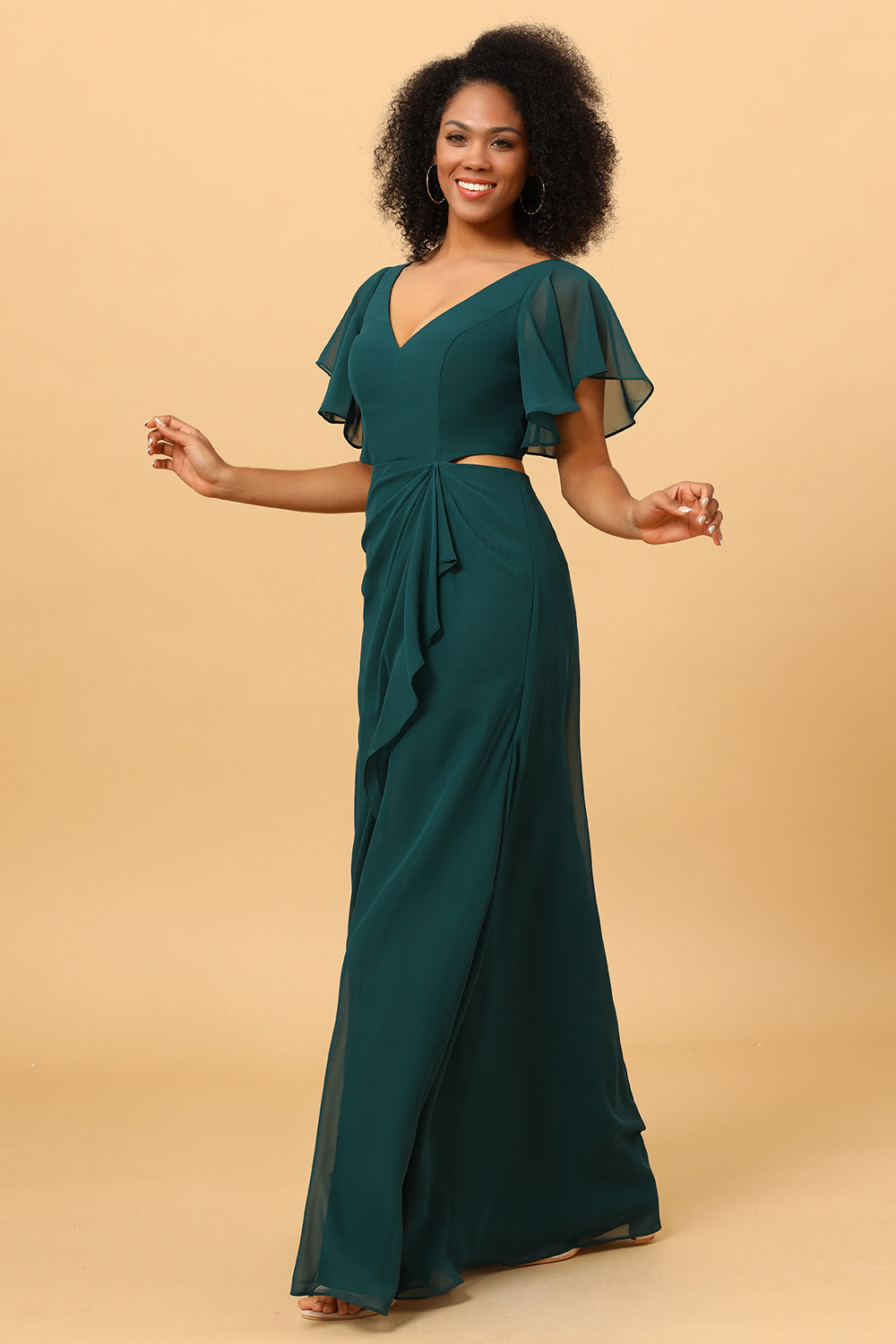 Dark Green V-Neck Long Chiffon Bridesmaid Dress with Ruffles