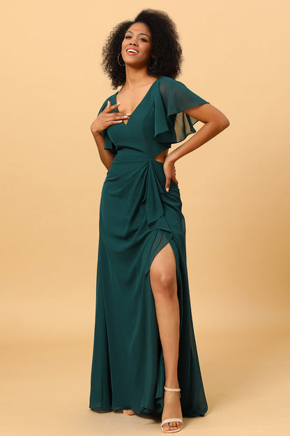 Dark Green V-Neck Long Chiffon Bridesmaid Dress with Ruffles