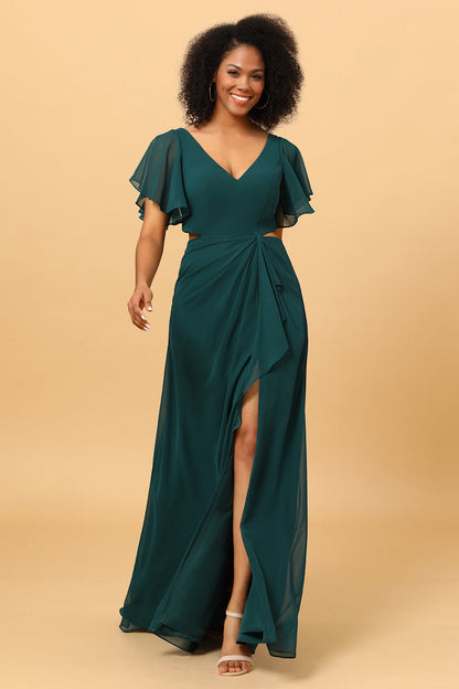 Hollow-out Chiffon Green Bridesmaid Dress with Ruffles Sleeves