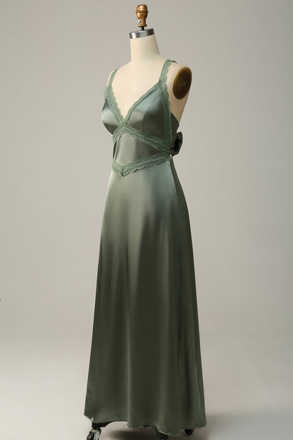 V-Neck Open Back Dusty Green Bridesmaid Dress with Lace