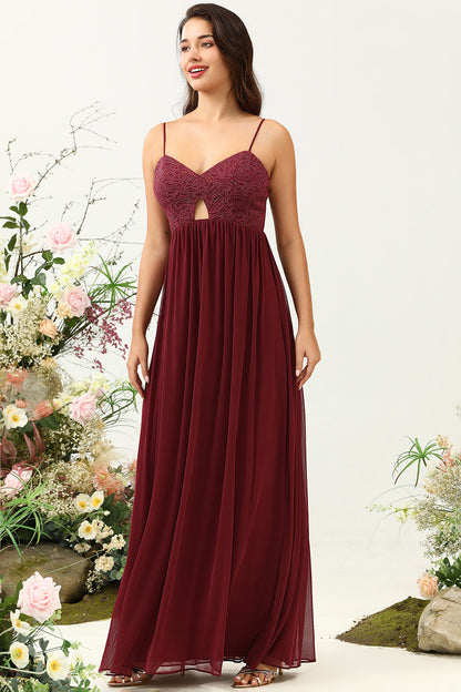 Burgundy Spaghetti Straps Lace Bridesmaid Dress with Hollow-out