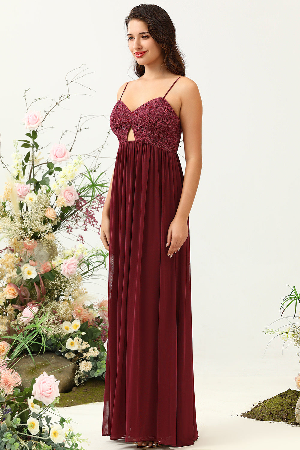 Burgundy Spaghetti Straps Lace Bridesmaid Dress with Hollow-out