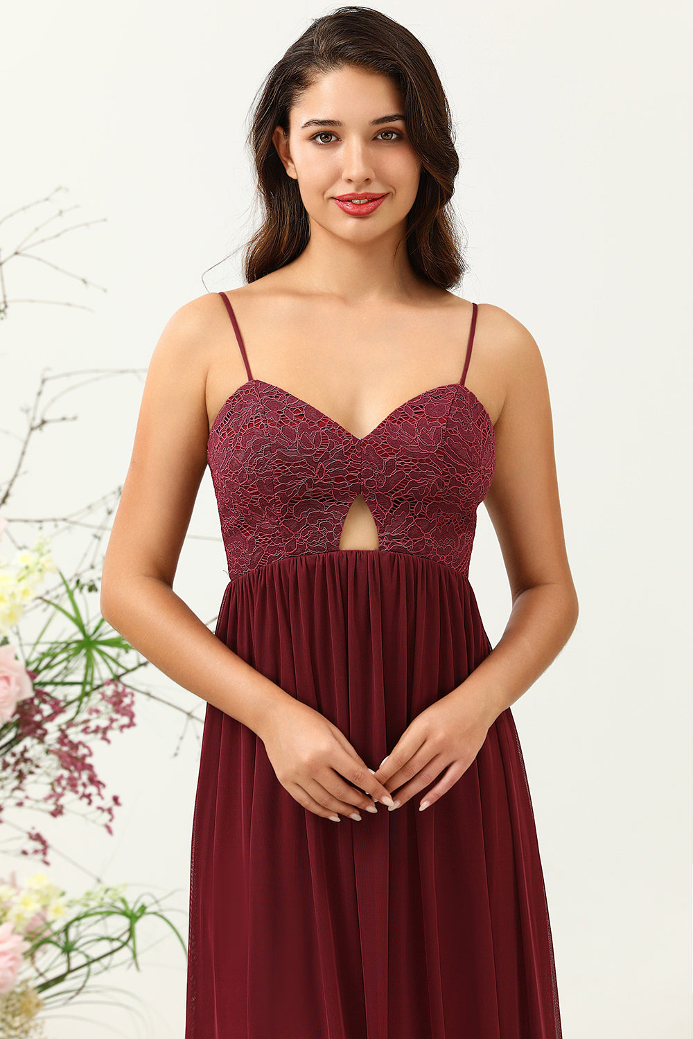 Burgundy Spaghetti Straps Lace Bridesmaid Dress with Hollow-out