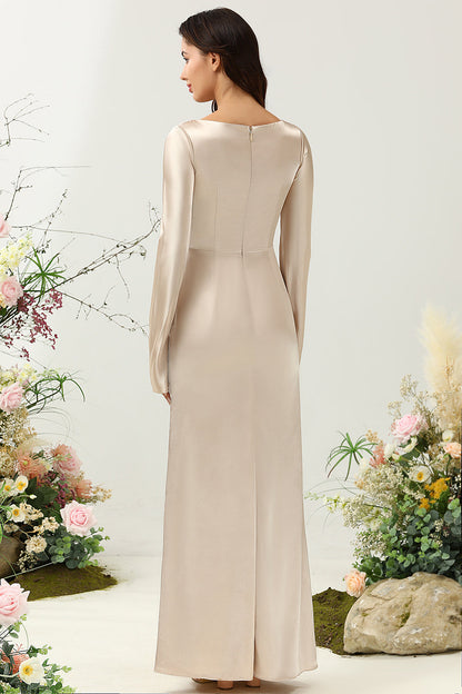 V-Neck Champagne Long Bridesmaid Dress with Sleeves