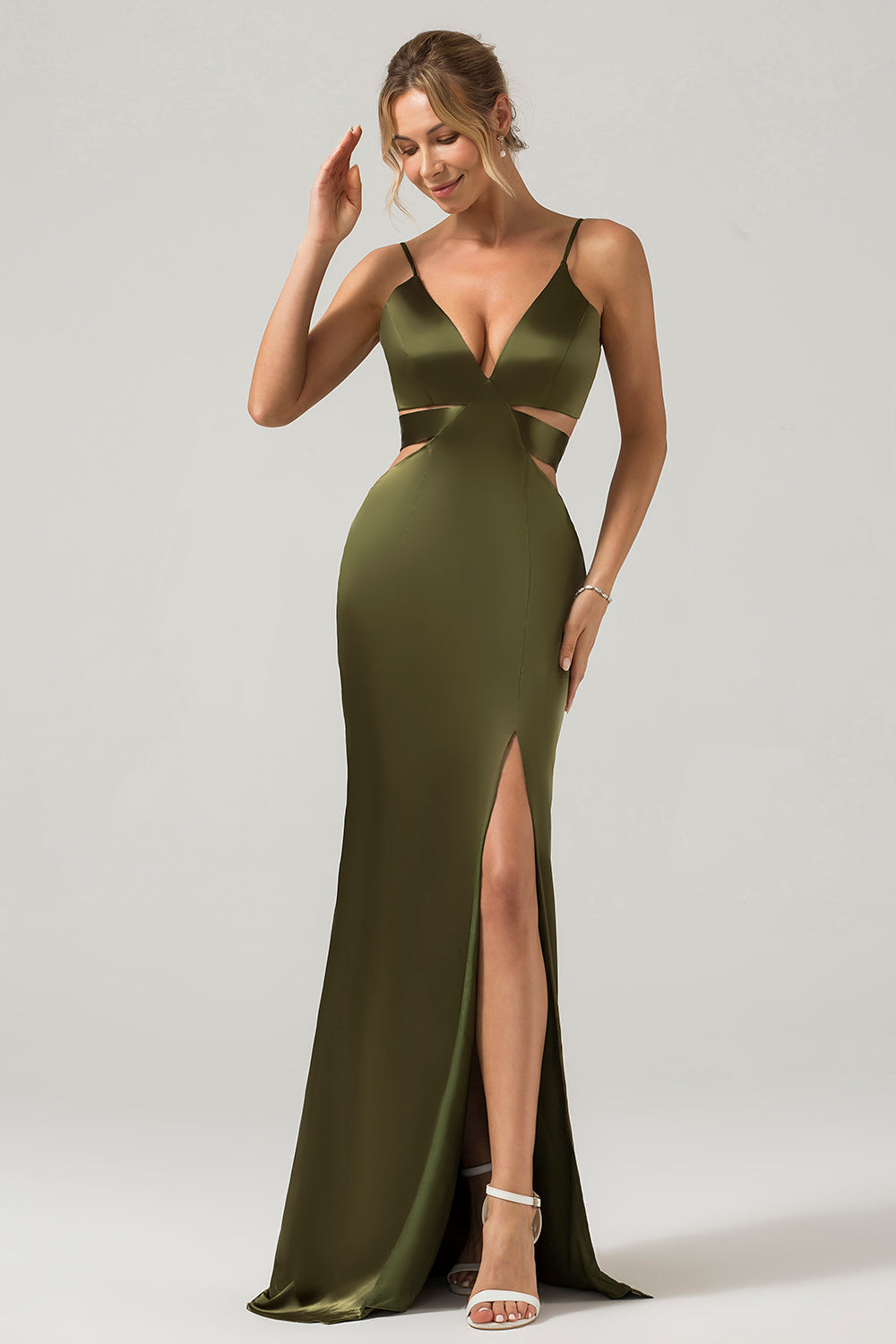 Olive Sheath Spaghetti Straps Cut Out Long Bridesmaid Dress with Slit