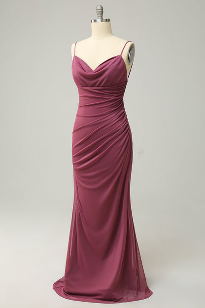 Sheath Spaghetti Straps Desert Rose Bridesmaid Dress with Open Back