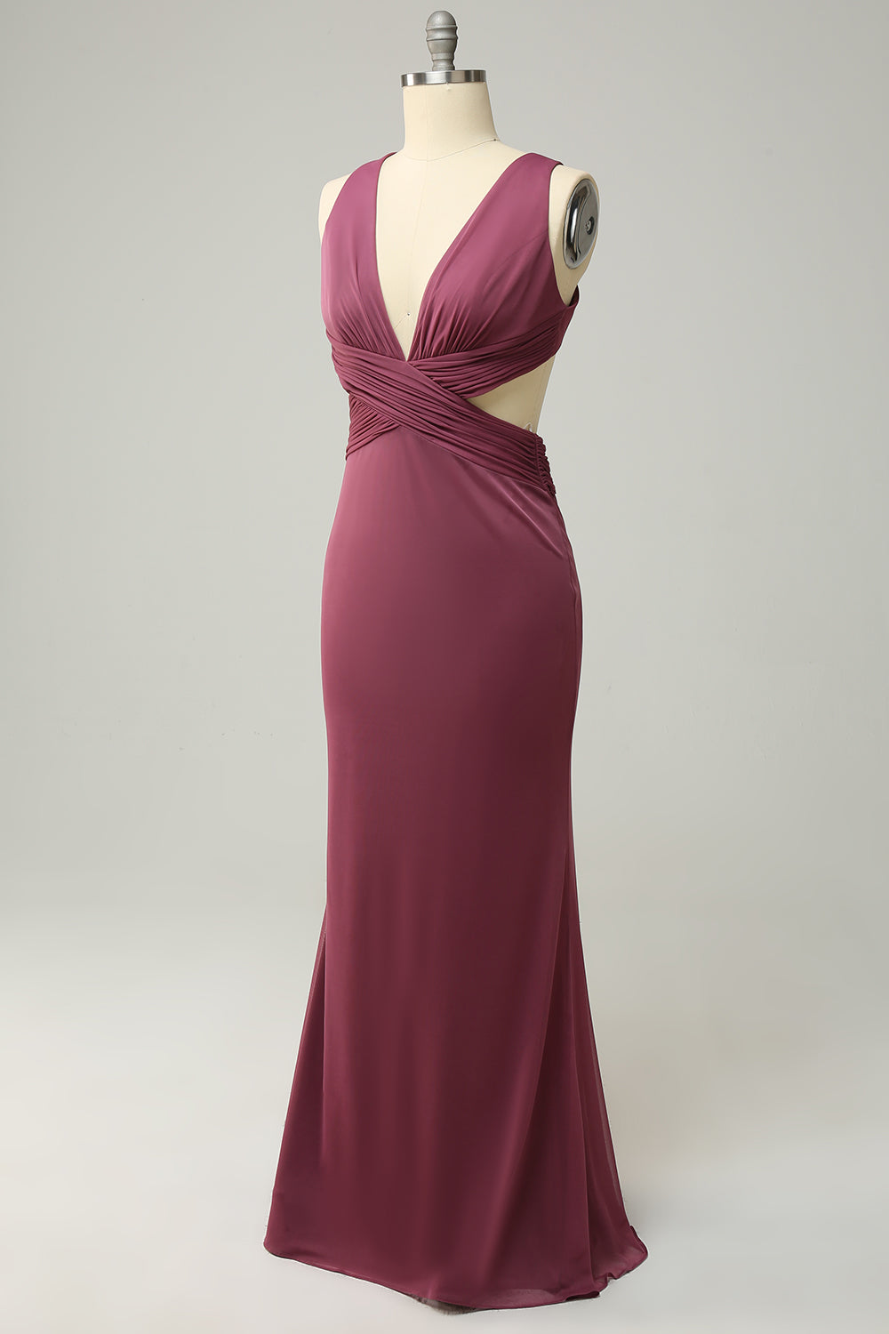 Sheath Deep V Neck Desert Rose Long Plus Size Bridesmaid Dress with Split Front