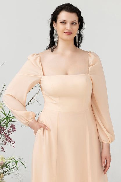 Square Neck Peach Plus Size Bridesmaid Dress with Sleeves