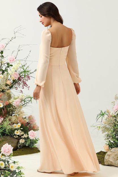 A Line Square Neck Peach Long Bridesmaid Dress with Sleeves