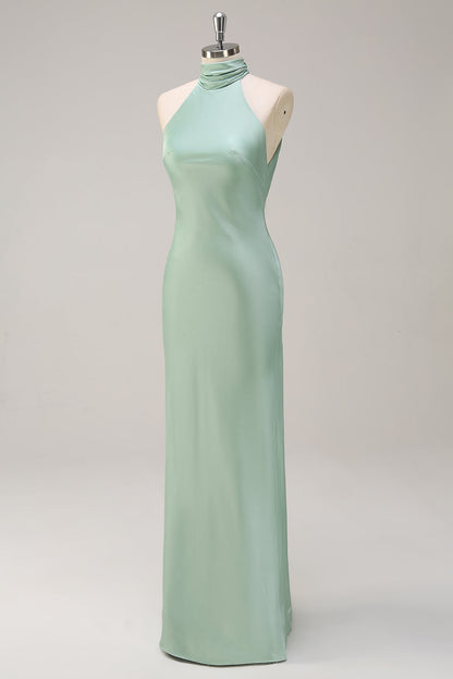 Halter Open Back Lemon Green Long Bridesmaid Dress