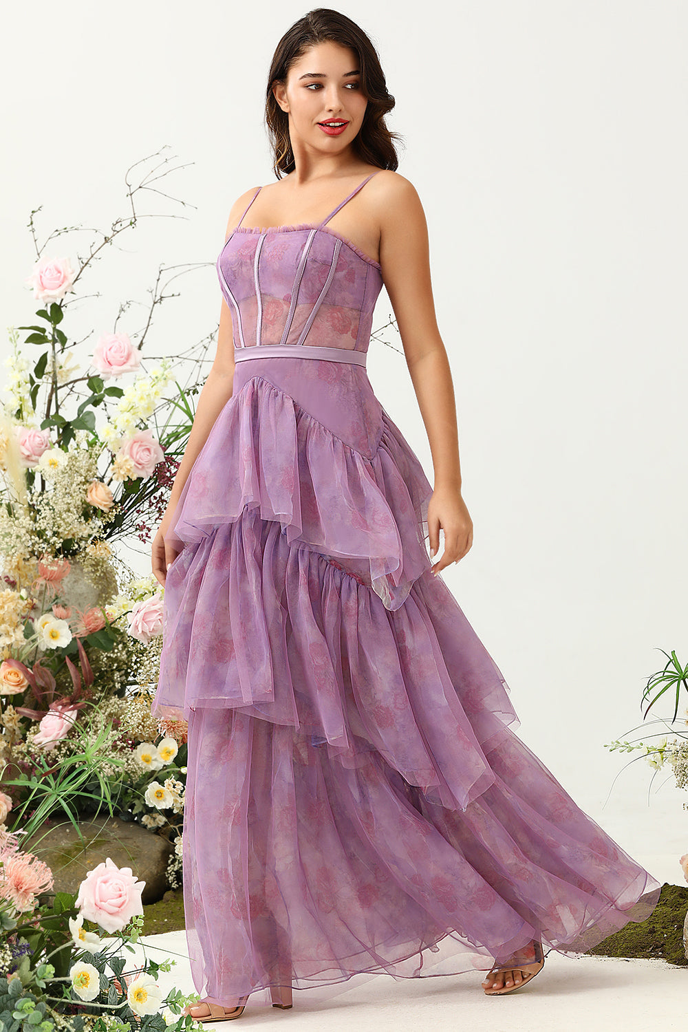 Purple Tulle Spaghetti Straps Corset Bridesmaid Dress