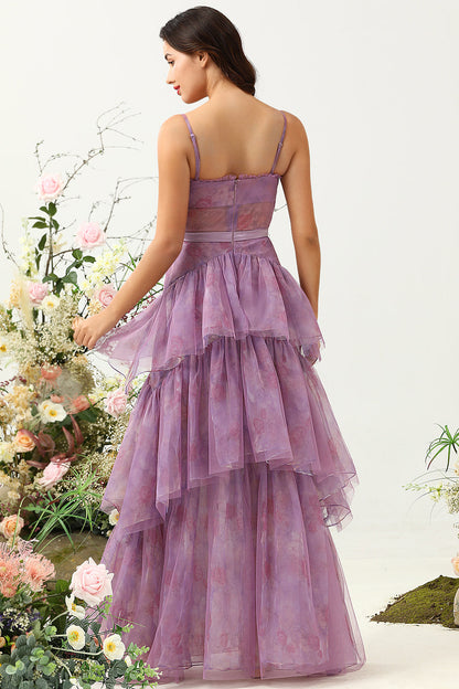 Purple Tulle Spaghetti Straps Corset Bridesmaid Dress