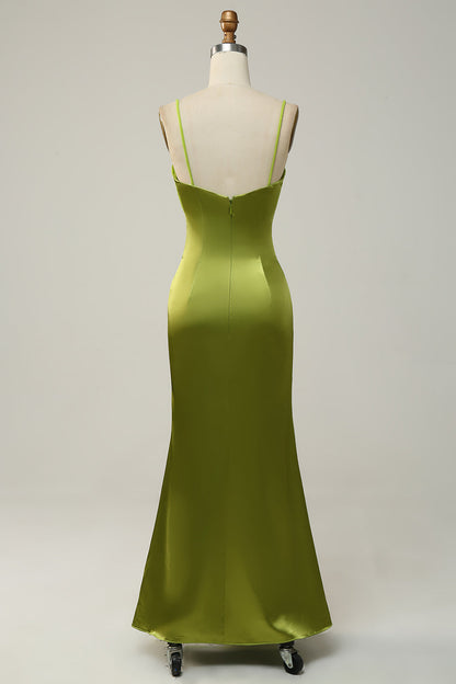 Sheath Spaghetti Straps Lemon Green Bridesmaid Dress with Silt